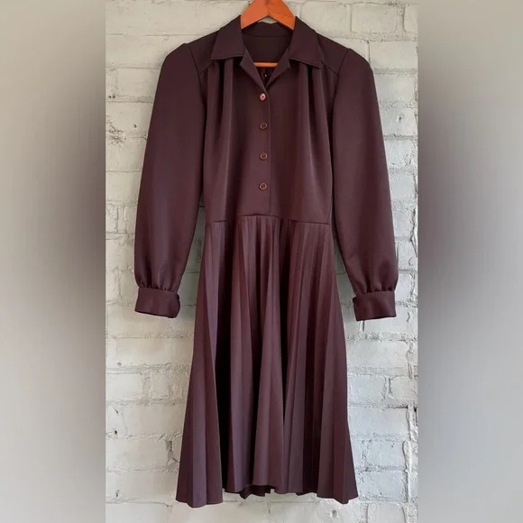 Vintage 70s Dark Brown Long Sleeve Shirt Dress - Picture 5 of 8